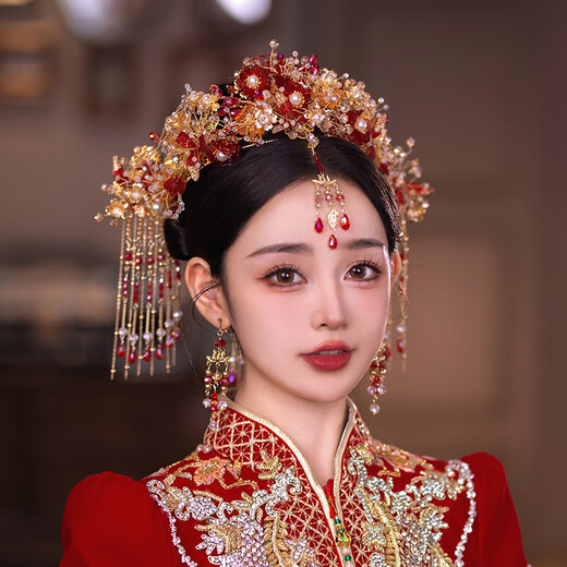 DR-FLVVS Fat Donglai's same style phoenix crown Xiamei headdress Chinese style bride Xiuhe 2024 new style atmospheric front and rear hair crown wedding eyebrow model phoenix crown suit + ear clip