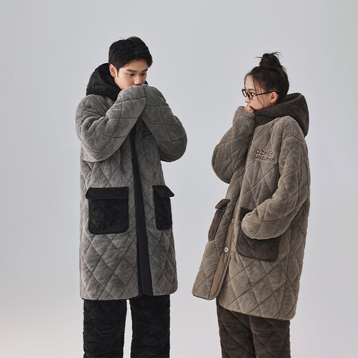 Kiss Mao warm velvet three-layer thickened couple quilted pajamas for women winter long men's suit home wear outer wear 8006 elegant gray men's XL