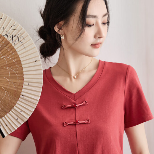 Magischer chinesischer Stil falten kurzärmeliges T-Shirt mit V-Ausschnitt für Frauen im Sommer Neues T-Shirt-vielseitiges Retro-Top für Frauen 9893 Brick Red L (110-120jin [Jin entspricht ungefähr 0,5 kg])
