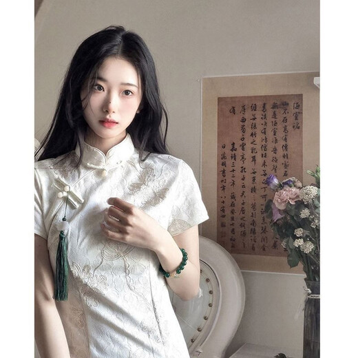 DuYanzhi (DuYanzhi) new Chinese style retro white dress for women in summer ancient style improved cheongsam young girl's gentle first love skirt white 846 S 90Jin [Jin equals 0.5 kg] below
