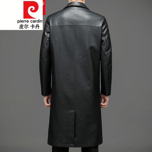 Pierre Cardin (Premium Exclusive) Autumn and Winter Over-the-Knee Long Leather Jacket Men's Velvet Thickened Soft Leather Windbreaker Dad Leather Coat Men's Jacket Knitted Black 175