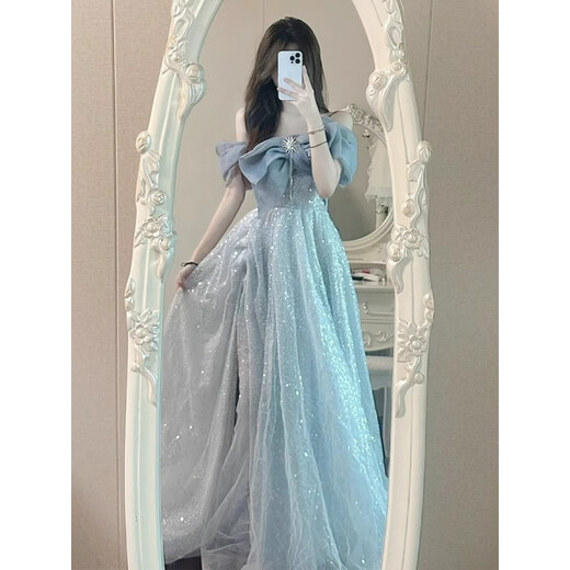 NJTD one-shoulder evening dress for women, banquet temperament, light luxury, niche host art test, fluffy gauze skirt for women, picture color, one size m