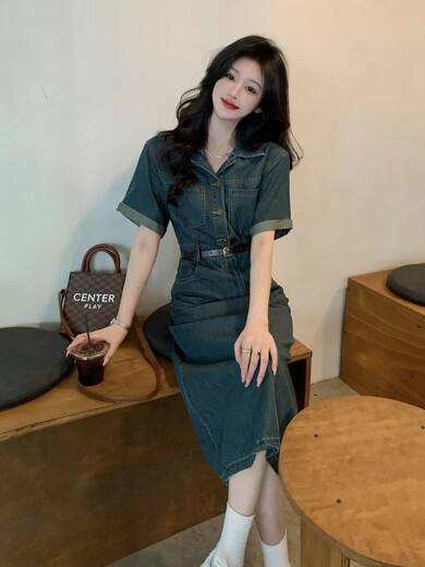 AEMAPE牛仔连衣裙女2025夏季新款小众设计高级感气质港味复古长裙子女装 MX-1-3201_复古蓝 XL