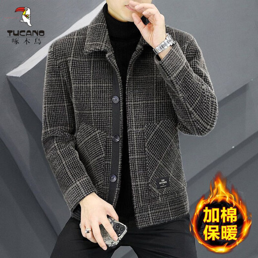Woodpecker (TUCANO) Woolen Jacket Men's 2025 New Lapel Casual Jacket Autumn and Winter Business Woolen Tops Plus Velvet Trendy Khaki Plus Velvet 3XL Recommended 145-160Jin Jin equals 0.5 kg