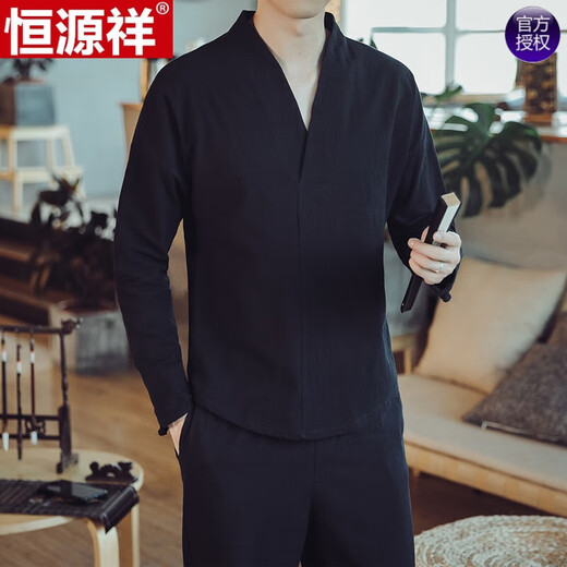 恒源祥中国风男春秋季亚麻长袖t恤男士打底衫复古风汉服唐装棉麻上衣服 7029深灰色  长 袖 XL