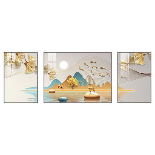 Comúnmente escrito sobre pinturas de decoración de sala de estar simples livianas y lujosas, hojas de paisaje de Ginkgo, pinturas colgantes de fondo de fondo de paisaje atmosférico de alta gama de alta gama, comúnmente escrito alrededor de 684 [tríptico], aproximadamente 60*40 en el medio, aproximadamente 30*40 cm Film de cristal Bordes negros Black Bordes negros