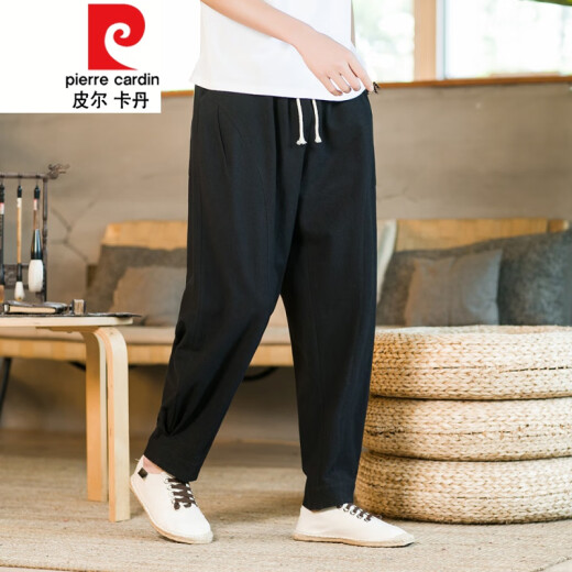 皮尔卡丹（pierre cardin）亚麻九分裤男夏季薄款宽松直筒中国风棉麻裤子男士潮牌休闲哈伦裤 黑色 M