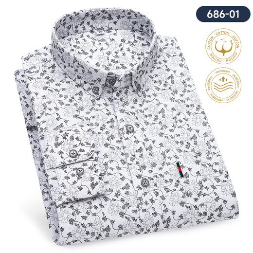 
Yunting 100% pure cotton floral long-sleeved shirt men's free-iron fashion printed casual shirt daily single top coat 686-01 white print 44 [Suggested 175-190Jin [Jin equals 0.5 kg]]