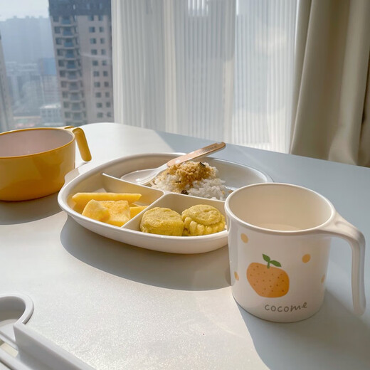 联合倍瑞CCOM商超儿童餐具套装宝宝辅食碗分格盘勺子婴儿仿瓷感四件套礼盒 【万事大橘 4件套装】