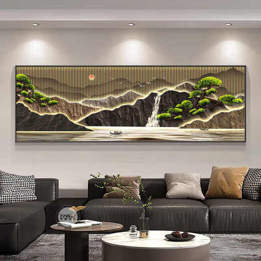 涵轩新中式客厅装饰画现代轻奢沙发背景墙画壁画山水画办公室茶室挂画 JD15565 210*70CM 手工镶钻画铝合金黑框