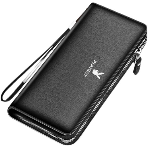 Playboy men's long wallet handbag 2024 genuine leather texture multi-card large-capacity mobile phone bag, brown color single pull + classic coffee