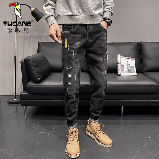 Woodpecker (Tucano) Jeans rasgados para hombres Marca de moda de primavera de primavera 2025 pantalones casuales negros Pantalones de hombres retro estadounidenses 6636 Negro + 6633 Negro 38