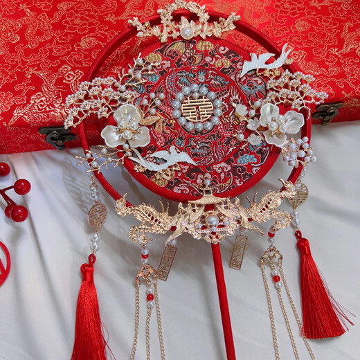 瑜品佳 新娘团扇结婚秀禾新娘结婚成品diy重手工团扇新婚礼物送闺蜜新娘 DIY手工款+礼盒(送塑料扇架)