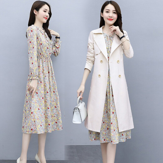 Zhiling chiffon dress autumn women's summer new style 2020 floral lace cotton and linen fashionable temperament sexy women's petite dress women's large size two-piece suit skirt beige - please take the corresponding size for the dress