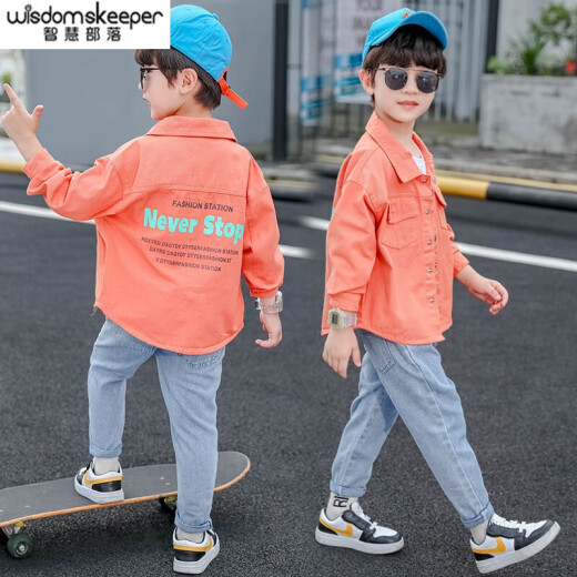 Wisdom Tribe Children's Clothing Boys Suit Two-piece Spring Clothes 2021 Spring and Autumn New Children's Suit Medium Big Children Little Boy Jeans Long Sleeve Shirt Suit 3 to 12 Years Old Orange 120 Size Recommended Height Around 110CM