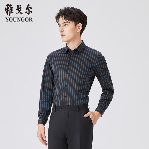 YOUNGOR long-sleeved shirt men's striped DP no-iron shirt cotton stretch fabric anti-wrinkle flat easy care shopping mall same style gray blue 41