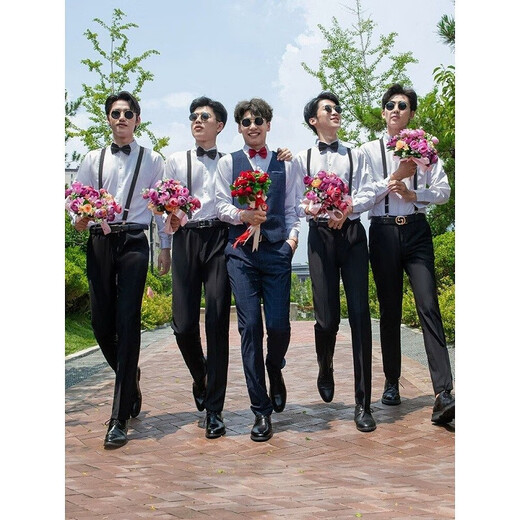 Xinhan bester Mannanzug westlicher Style Brother Anzug Weste weißes Hemd dreiteilige Hochzeitsgruppe Kleidung Großgröße Brudergruppe Hochzeits Hochzeit Kurzhemd Hemd + schwarze Hosen + Schwarze Fliege 3xl regulärer Stil