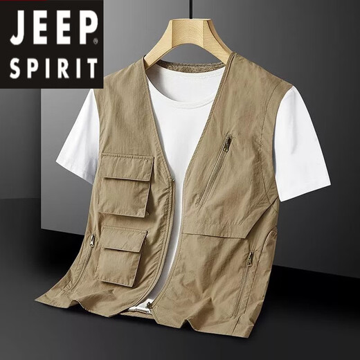 JEEP SPIRIT[无领]夏季男士马甲休闲多口袋轻薄款背心速干工装钓鱼背心坎肩装 灰色 XL 135-155斤