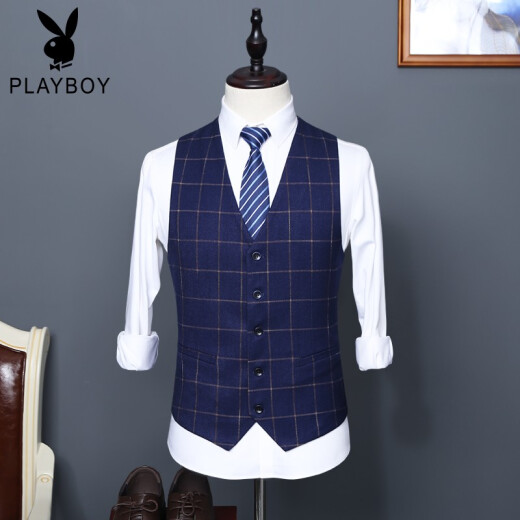 Playboy vest men's fashion business professional suit men's gentleman plaid waistcoat vest men's blue 1925175