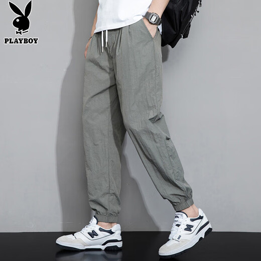 花花公子（PLAYBOY）休闲裤男冰丝夏季裤子男士宽松束脚薄款九分裤 灰色 XL 