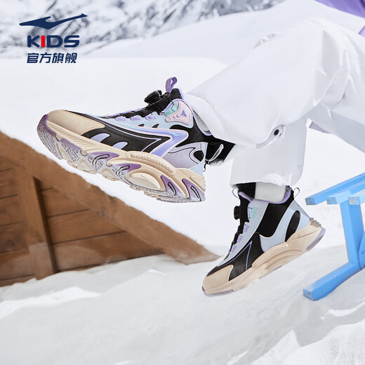 Hongxing Erke (ERKE) children's shoes, boys and girls, knob buckle casual shoes, children's winter cotton shoes, black/mineral purple 37