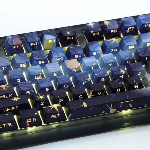 Belly Spirit mk870 Van Gogh’s starry sky side engraved wired Bluetooth wireless mechanical keyboard customized office e-sports game mute [single mode] Obsidian Starry sky side engraved KTT burgundy shaft [mahjong sound] 87 keys