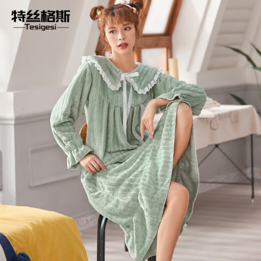 Tessgus pajamas for women in autumn and winter thickened coral velvet nightgown princess style sweet and cute flannel home wear long maternity skirt fruit green M