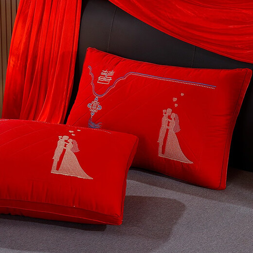Nanjiren (Nanjiren) wedding pure cotton wedding pillows, a pair of home double embroidered big red pillow cores, couple wedding wedding pillows, whole head cores, loving each other, 48X74cm, one pair