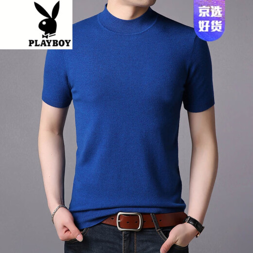 Playboy light luxury high-end new short-sleeved sweater men's loose half-sleeved shirt men's half turtleneck solid color bottoming sweater men's trendy ice blue 56/190