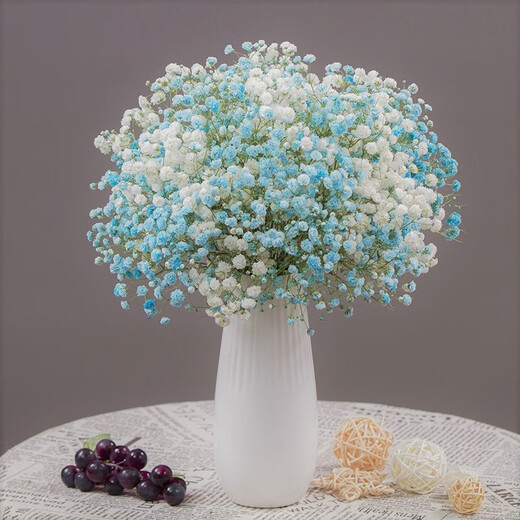 AIMAN dried baby's breath bouquet for home decoration, living room and bedroom decoration, flower arrangement, eternal freshness, birthday gift with vase, white + blue baby's breath, with white porcelain vase, dried flower bag
