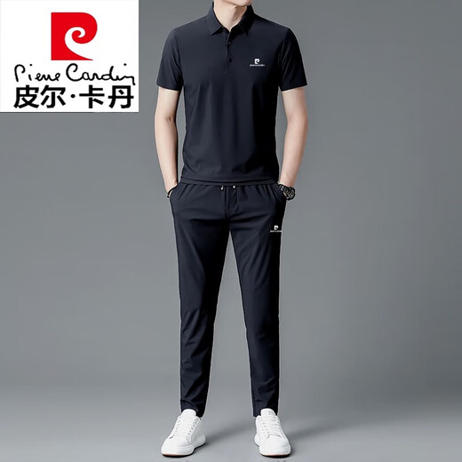 皮尔卡丹（pierre cardin）高端轻奢短袖T恤男士桑蚕丝休闲运动套装长裤休闲两件套针织 8830#藏青 2XL 180【建议体重150-165斤】