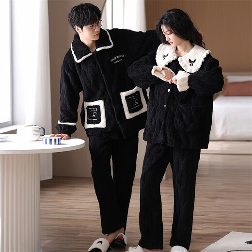 Slim and beautiful couple pajamas for women in autumn and winter coral velvet thickened cardigan loose flannel pajamas pants men's home clothing set M9871 M women