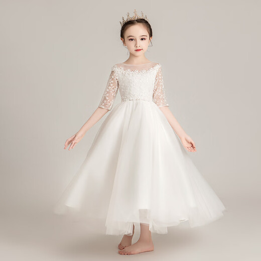 Disney girls white western-style long-sleeved princess dress children's presenter fluffy little girl western-style princess dress flower girl evening dress girl piano performance suit autumn and winter pink short 100cm