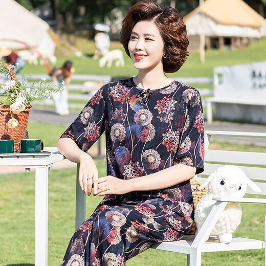 安梦影棉绸中老年女装中袖棉绸套装大码中老年夏季衣服女时尚妈妈装两件 橄榄绿 9226 25 3xl 1-140斤