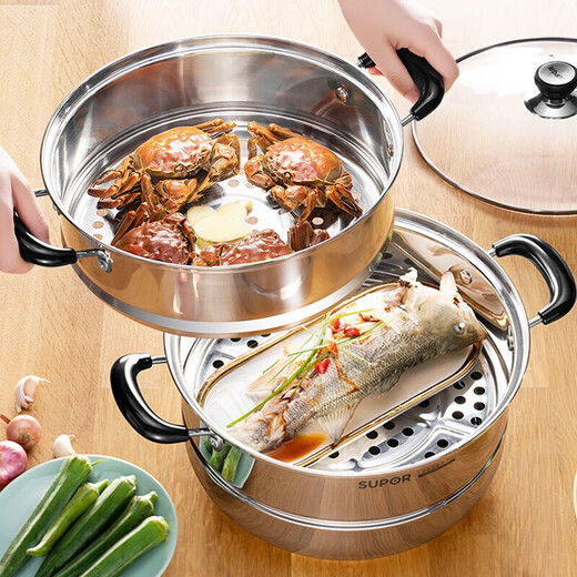 SUPOR (SUPOR) 304 stainless steel steamer double-layer thickened compound bottom soup pot with steamer universal gas induction cooker double-layer thickened flagship model 28cm