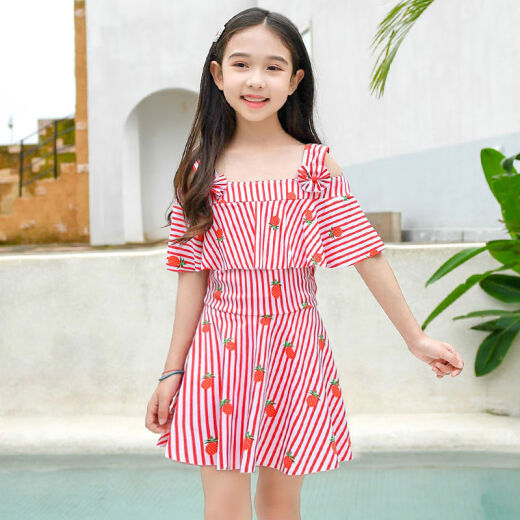 Children's swimsuit for girls, middle and large children's one-piece skirt-style girl 5-year-old student girl swimsuit suit red Polo [swimsuit + swimming cap + swimming goggles] recommended 140-150 weight 65-75Jin [Jin equals 0.5 kg]