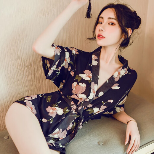 GFM sexy lingerie women's uniform temptation large size sexy chiffon women's pajamas transparent printed kimono nightgown bathrobe suit with underwear 6203 blue color