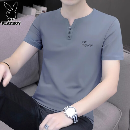 花花公子（PLAYBOY）短袖t恤男2025夏季新款潮流v领休闲宽松上衣薄款凉感男装 5024碳灰 3XL