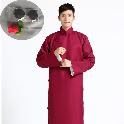 Xi Dexin Chinese-style groomsmen costumes, cross talk gowns, performance costumes, gowns, robes, Tang suits and jackets from the Republic of China, men's brothers' costumes, wedding groomsmen's costumes, burgundy + sunglasses and roses 180