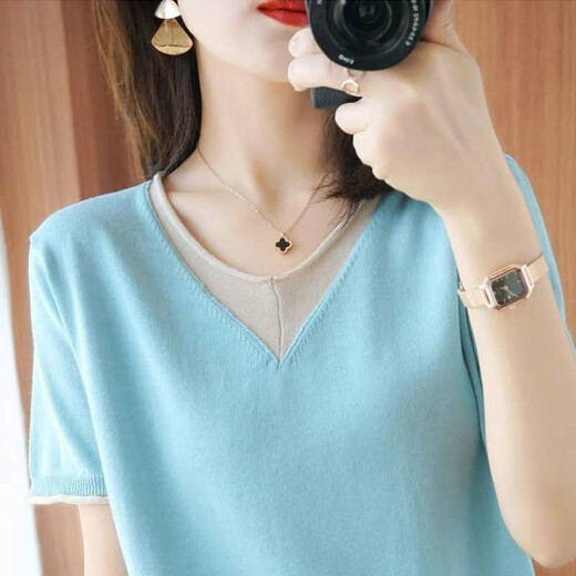 Short-sleeved sweater for women 2020 summer new style sweater for women to wear short thin sweater top outer sweater simple fashion temperament goddess A400-light blue one size