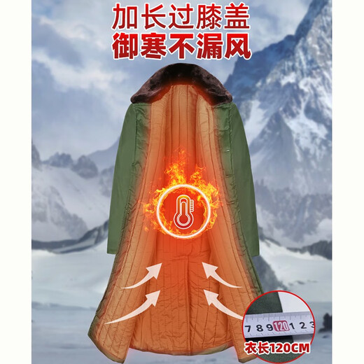 Jihua Wan Guojun green cotton coat men's winter thickened long cold-proof security old style cotton coat old-fashioned Northeast large cotton coat women's inspection coat pure white cotton one size fits all (length 120 and above the knee)