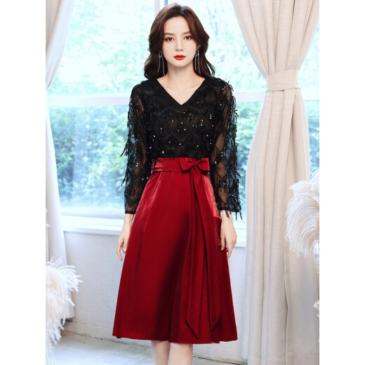 Seidler annual meeting evening dress for women 2022 new banquet temperament sexy V-neck long-sleeved petite dress can usually wear black mid-length L (recommended 106-115 Jin [Jin equals 0.5 kg])