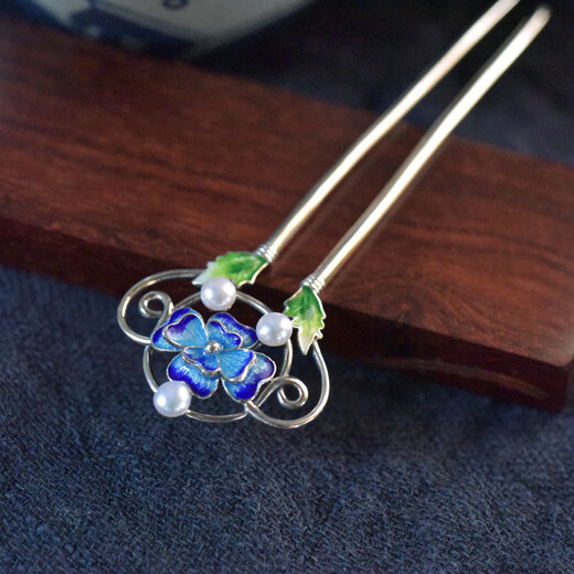 Meng Junchen S925 silver hairpin burned blue pearl retro antique style hairpin U-shaped short Hanfu palace headwear Chinese style