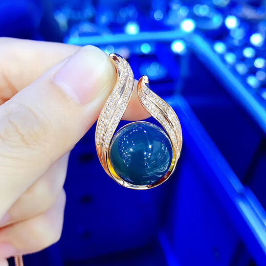 Moshe Dominican blue amber pendant, high blue water purification necklace, amber S925 silver plated 18 beeswax pendant, bead diameter 14mm (gold)