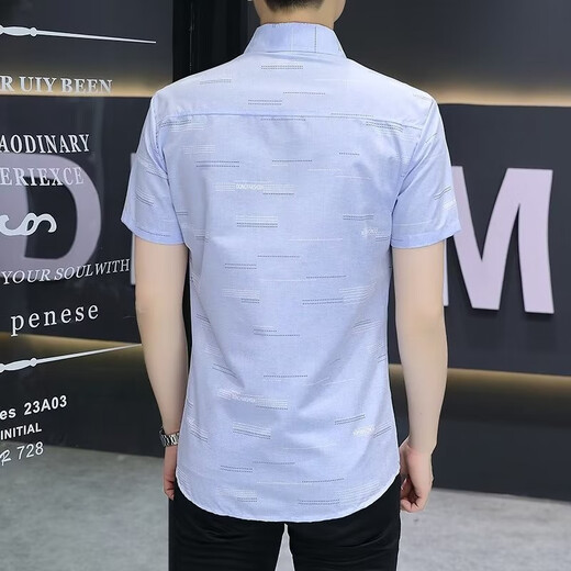 
XUANLAIYA men's short-sleeved shirt jacket summer large size half-sleeved solid color casual slim Korean style trendy youth shirt men 826 blue 2XL