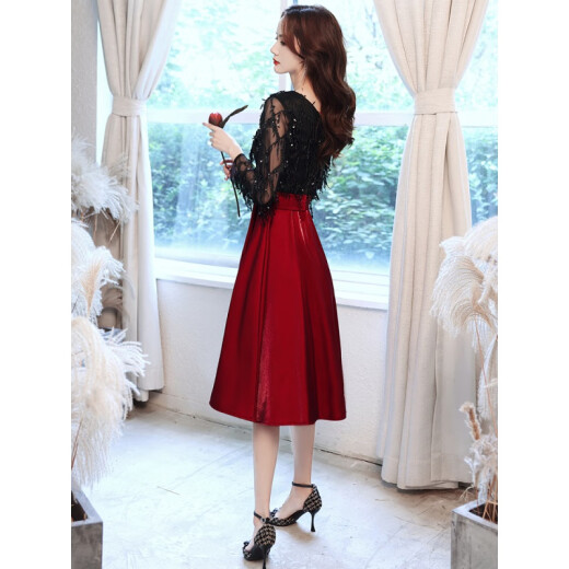 Seidler annual meeting evening dress for women 2022 new banquet temperament sexy V-neck long-sleeved petite dress can usually wear black mid-length L (recommended 106-115 Jin [Jin equals 0.5 kg])