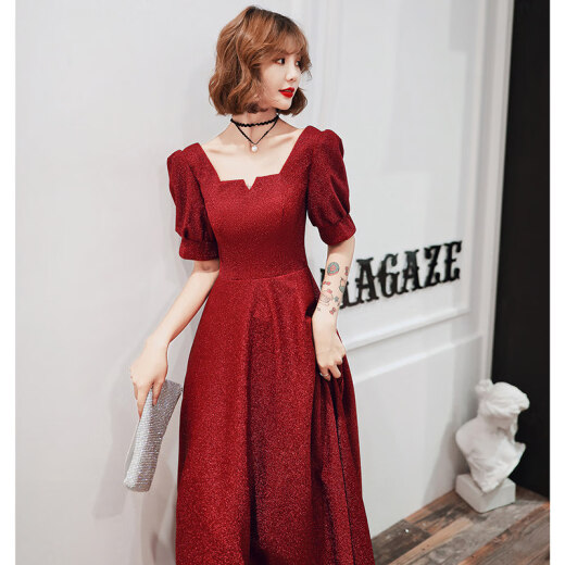 Seidler's toast dress, the bride can usually wear back to the door when getting married, engagement dress, autumn red, atmospheric, small person evening dress, burgundy square collar, long L