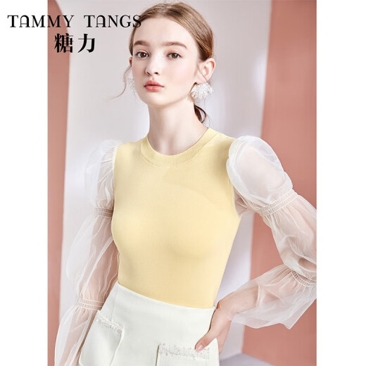[Same style in shopping malls] Tangli Spring and Autumn New Style Spliced ​​Mesh Puff Sleeves Slim Wool Sweater Tops Women's Goose Yellow S