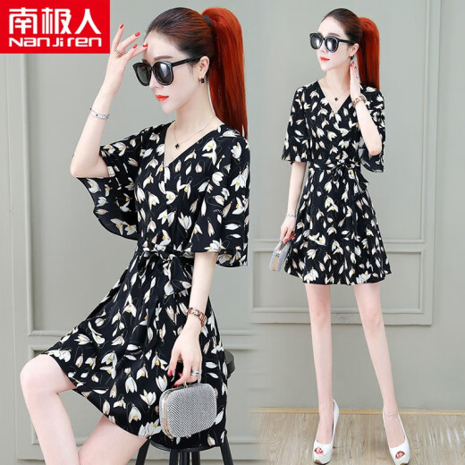 Yiyu Youxiang's new floral chiffon dress women's summer dress to cover belly and reduce age, simple Korean style fashionable style, careful waist tightening N1-NRB30-9175-Black XL