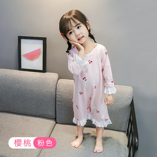 Zhili girls one-piece pajamas spring and autumn babies baby kicking children cotton summer cute children's home clothes princess pink 80cm